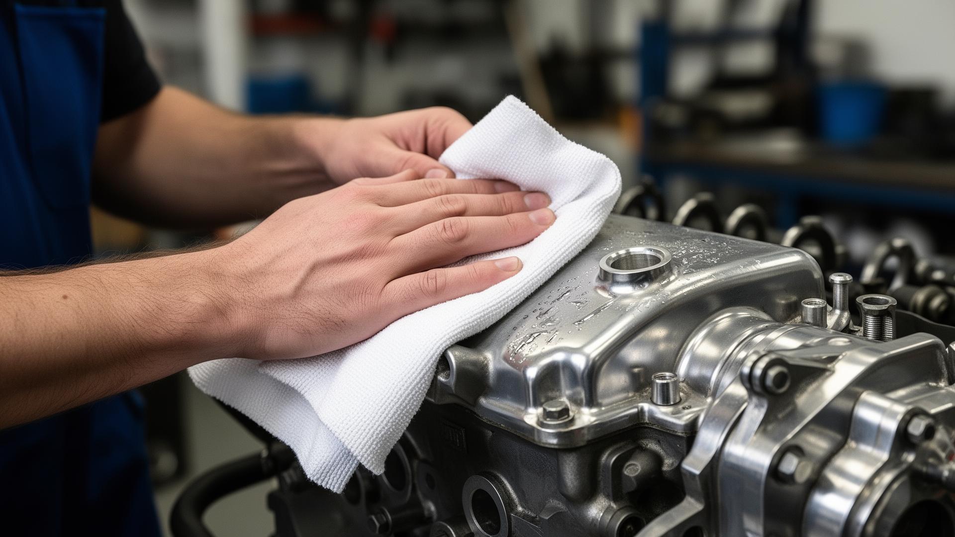 Industrijska krpa u upotrebi — čišćenje motora u radionici